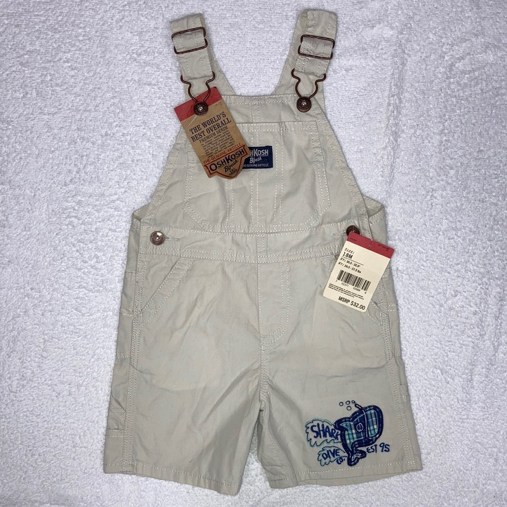 NWT oshKosh shortalls lightweight light tan shark embroidered 18m